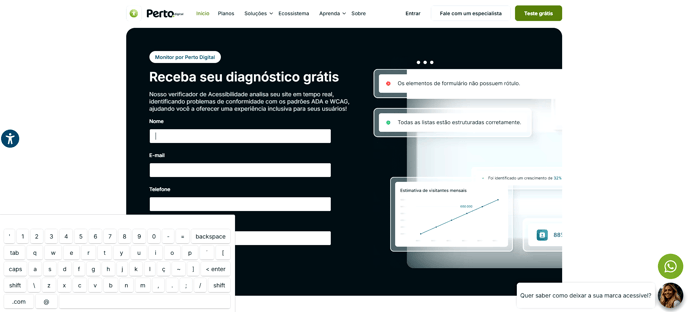 Captura de tela mostrando o formulário com o teclado virtual ativo