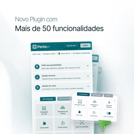 Fundo branco mostrando a nova interface do plugin perto digital, com o texto "Novo plugin com mais de 50 funcionalidades", logo acima.